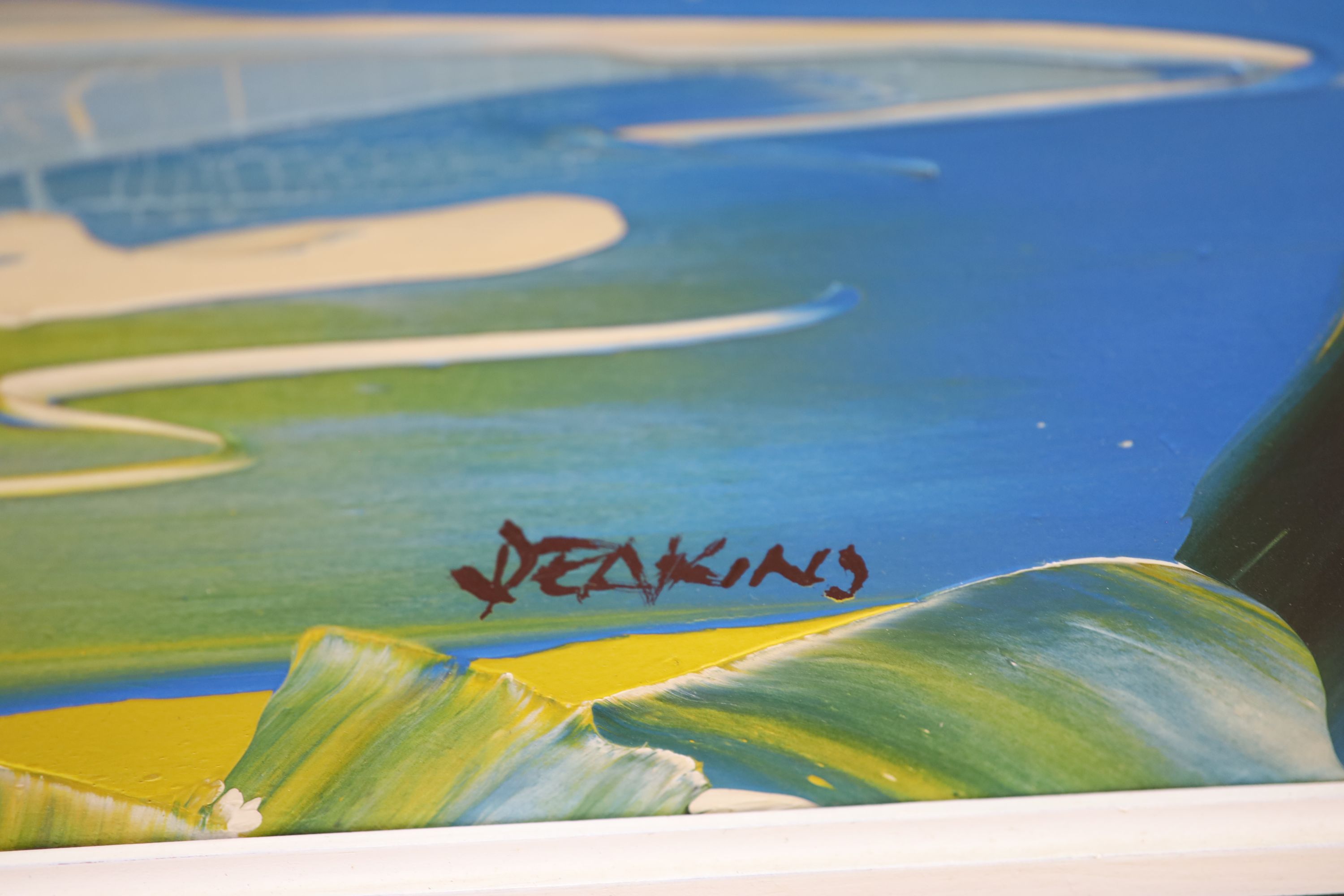 George R. Deakins (1911-1982), oil on board, Fisherman on a tropical shoreline, signed, 30 x 81cm